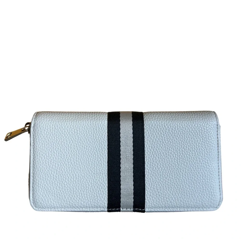 Badgley Mischka‎ New York White Black Stripe Zip Around Clutch Wallet Organizer